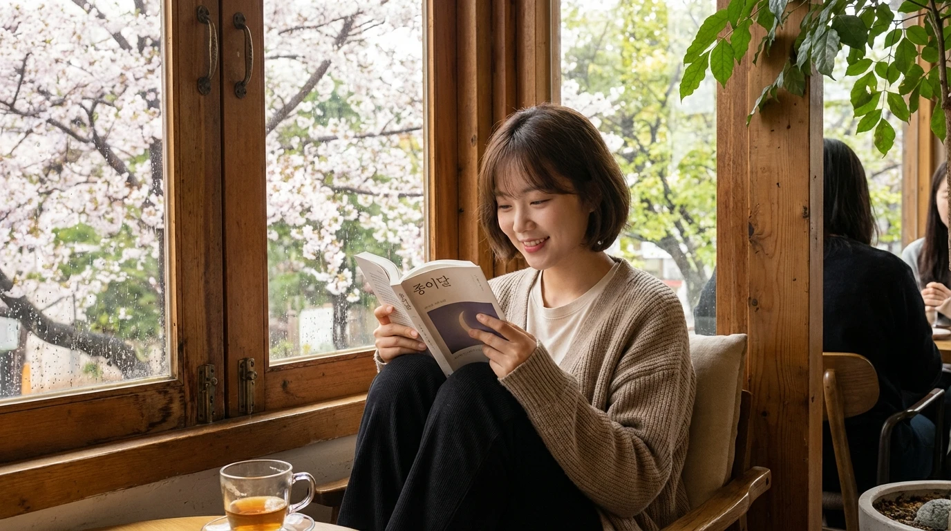 카페에서 따뜻한 차와 함께 책을 읽으며 봄 벚꽃 풍경을 즐기는 여성이 편안하고 행복한 표정으로 창가에 앉아 있다.