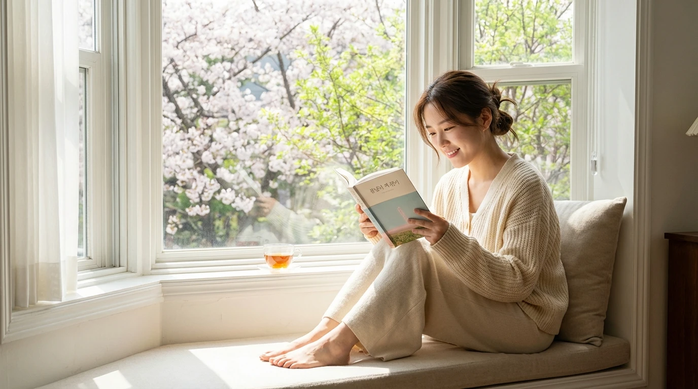 창문 너머로 벚꽃이 보이는 밝은 봄날, 편안한 니트 차림의 여성이 햇살 가득한 창가에 앉아 책을 읽으며 여유를 즐기고 있다.