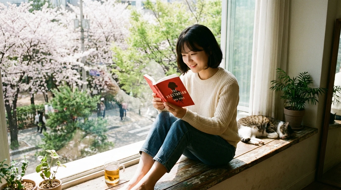 책을 읽으며 창가에 앉아 봄 벚꽃 풍경을 감상하는 여자와 햇살 아래 평화롭게 자는 고양이, 실내 식물로 아늑한 분위기 연출