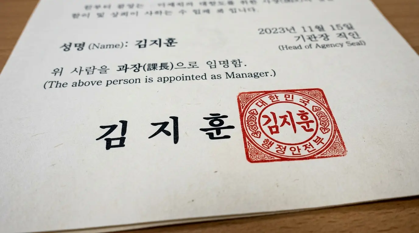임명장 문서 위에 ‘김지훈’ 이름과 빨간 도장이 선명하게 찍혀 있으며, 과장 임명 관련 공식적인 한글 영문 텍스트가 깔끔하게 인쇄되어 있음.