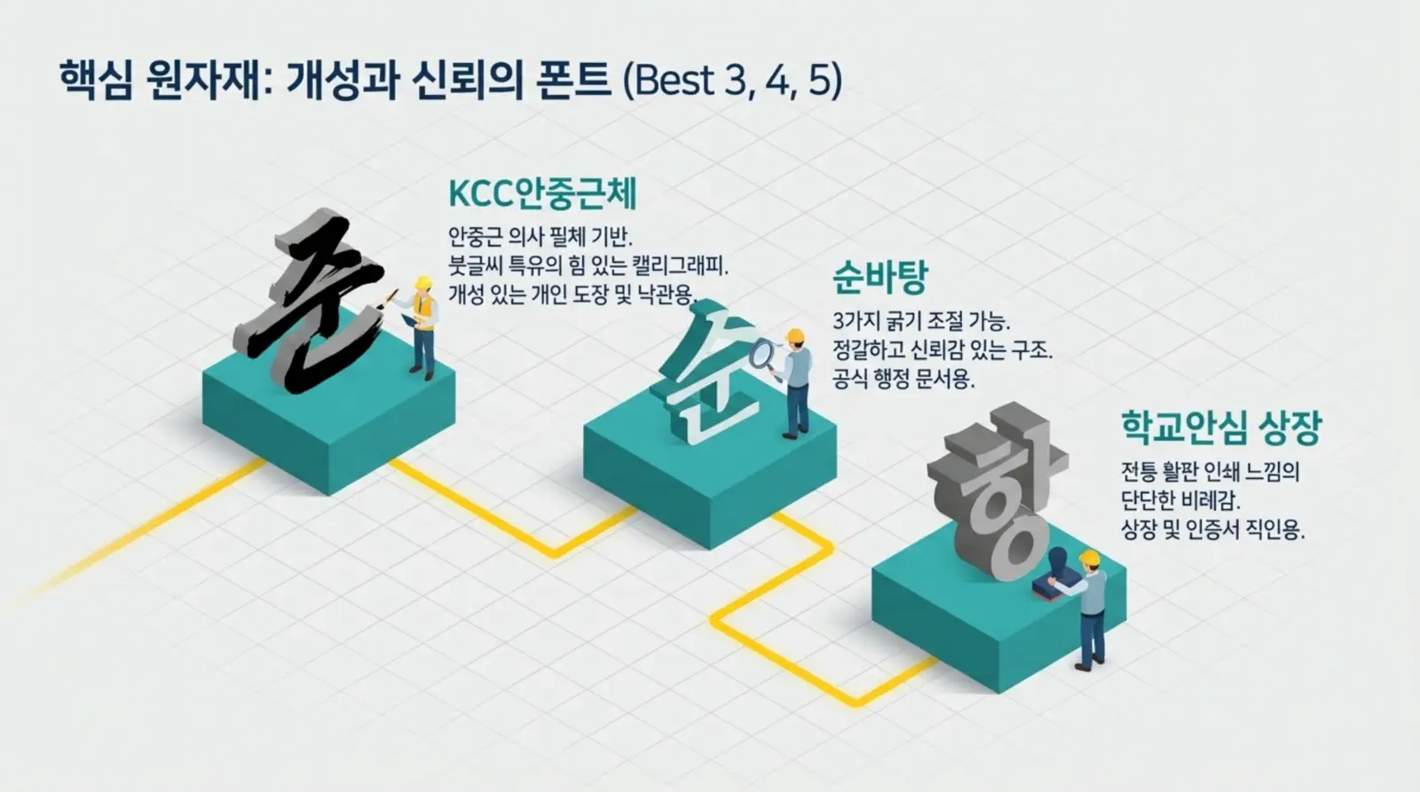 폰트 디자인, 개성, 신뢰감, 낙관, 캘리그래피 키워드 중심으로 개성·신뢰·전통 특징의 한글 글꼴과 각 특징을 설명하는 인포그래픽.