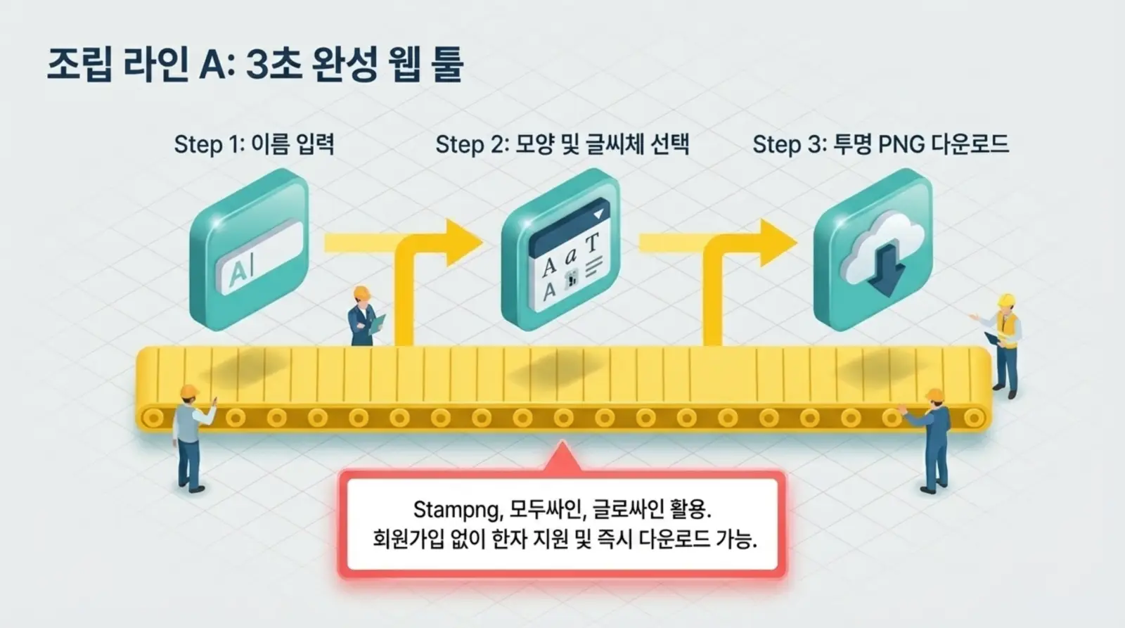 조립 라인에서 이름 입력, 글씨체 선택, 투명 PNG 다운로드 과정을 간단하게 시각화한 3초 완성 웹 툴 안내, 한자 지원 및 즉시 다운 가능.