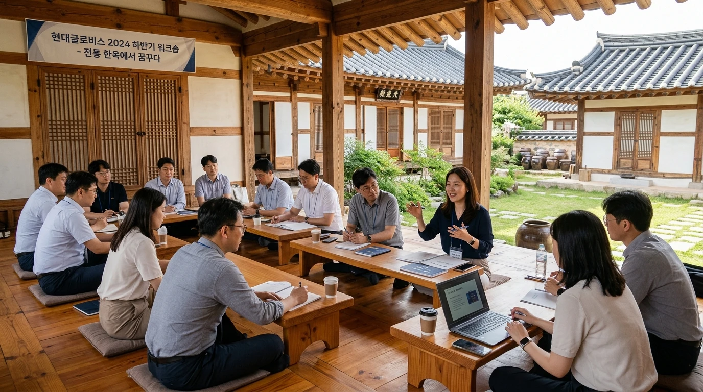 사람들이 한옥 마당에서 회의를 하며 노트북과 메모를 사용하고 있다.