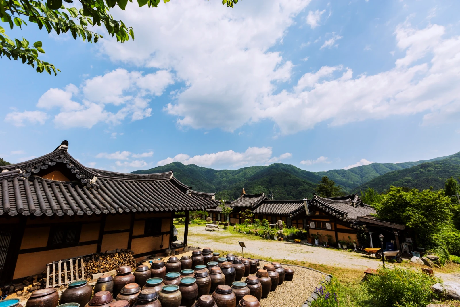 전통 기와집과 장독대가 있는 마을 풍경, 배경에는 푸른 산과 맑은 하늘이 펼쳐져 있다.