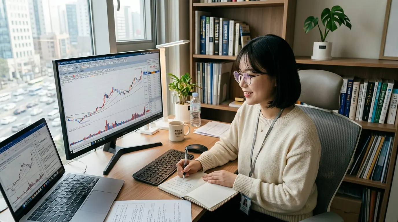 사무실에서 주식 차트를 분석하며 노트에 메모하는 여성, 모니터와 노트북, 책장과 관엽식물로 꾸며진 현대적인 업무 공간