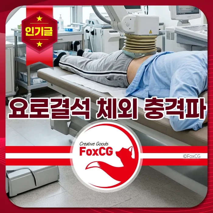 요로결석 치료를 위해 환자가 의료기기 위에 누워 체외충격파 시술을 받고 있는 병원 진료 장면, 비슷한 치료 키워드 포함