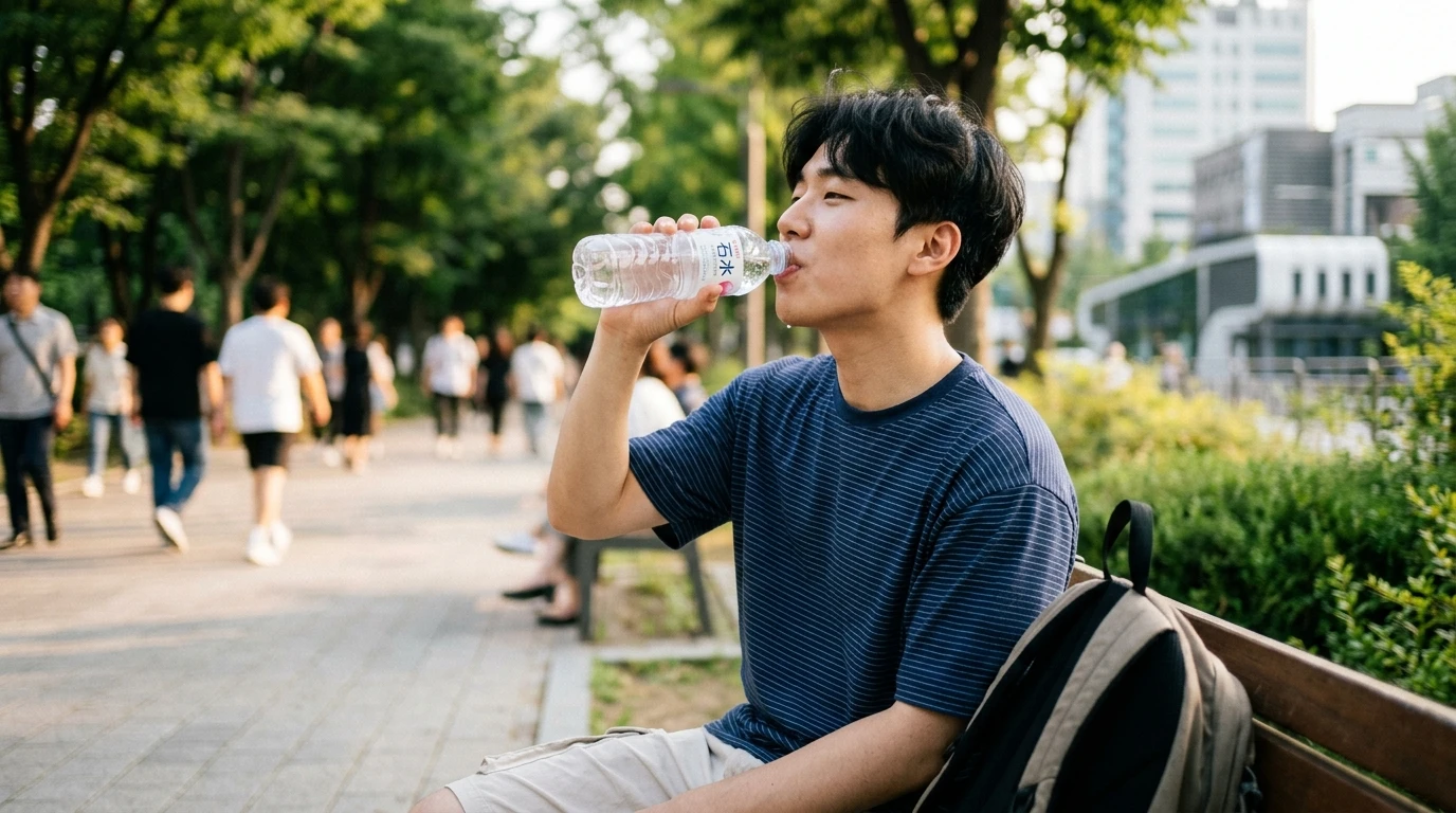 공원 벤치에 앉아 물을 마시는 남성이 여름철 더위를 식히며 힐링하는 모습, 주변에 사람들이 산책하고 푸른 나무와 현대적 건물이 어우러진 풍경