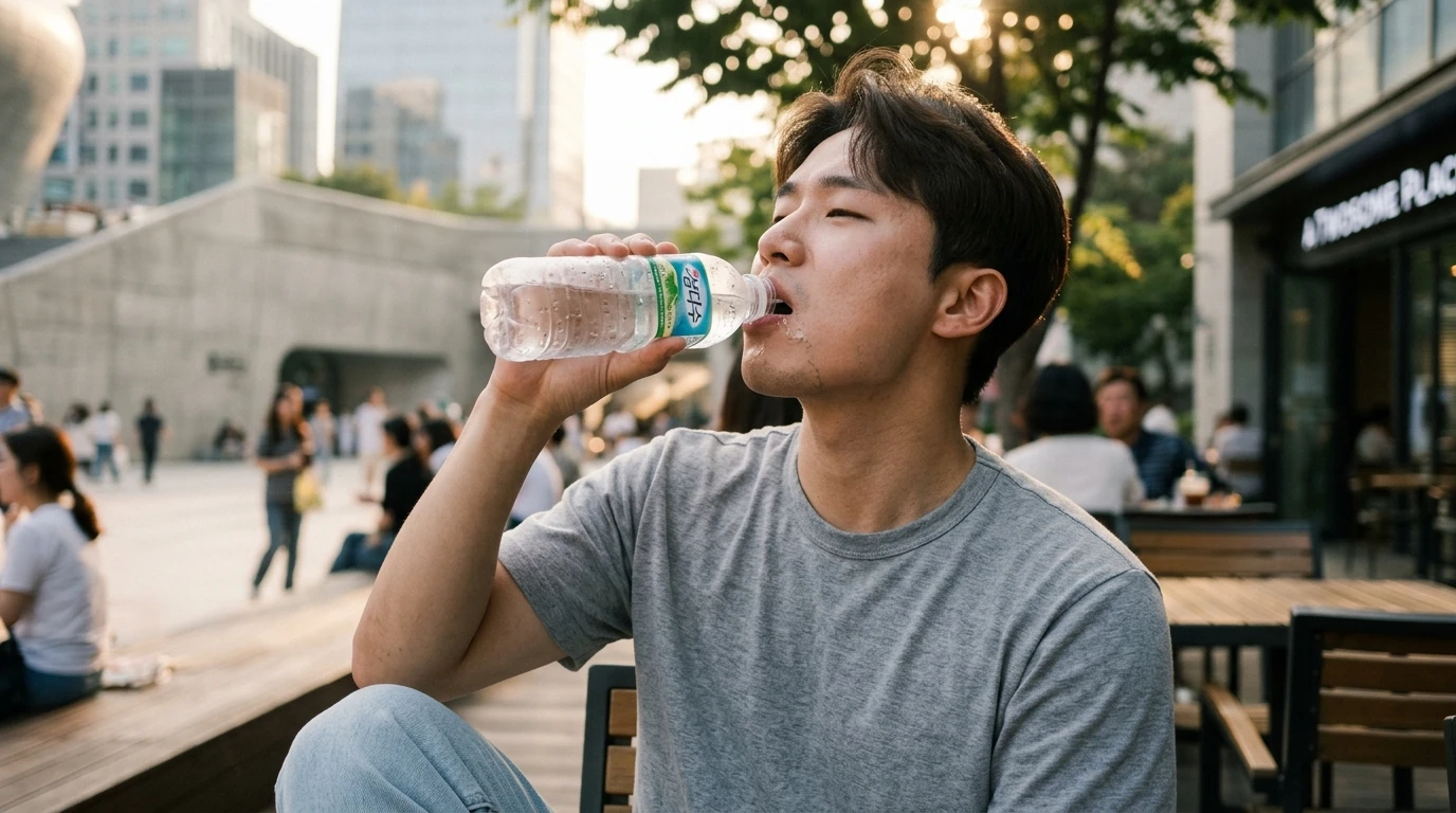 도심 야외 테라스에서 회색 티셔츠를 입은 남성이 시원하게 생수 병을 마시며 여유로운 분위기를 즐기고 있다.