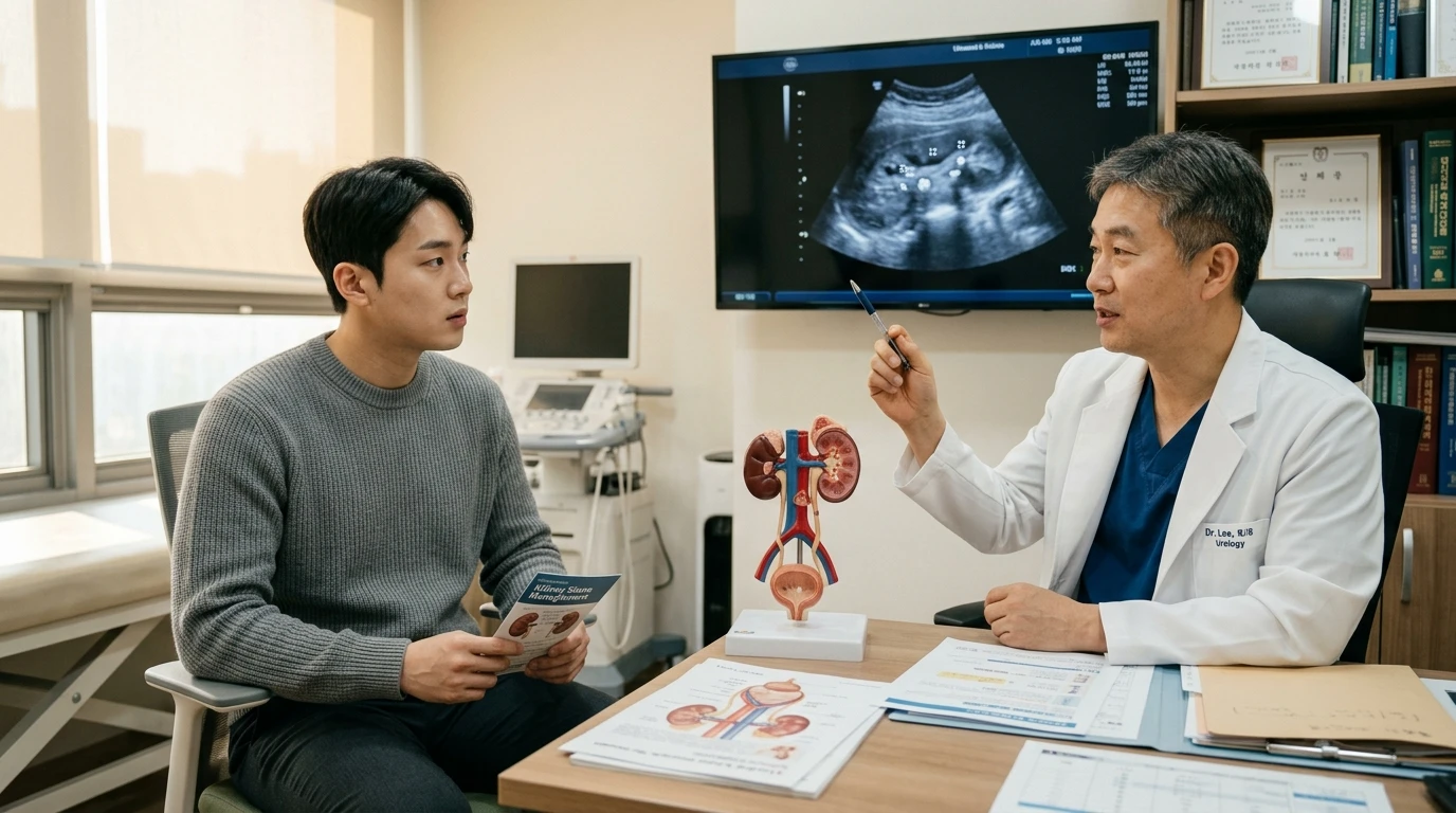 비뇨기과 전문의가 환자에게 신장 및 신장 결석 건강 상담을 하며, 초음파 사진과 신장 모형을 활용해 진단 결과를 설명하는 장면