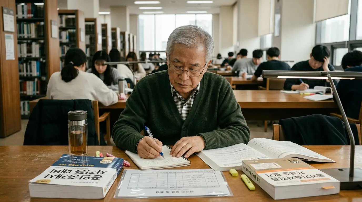 도서관에서 노년 남성이 집중해서 공부하며 다양한 수험서와 필기구를 사용해 메모하는 모습, 자기계발과 평생학습을 실천하는 장면
