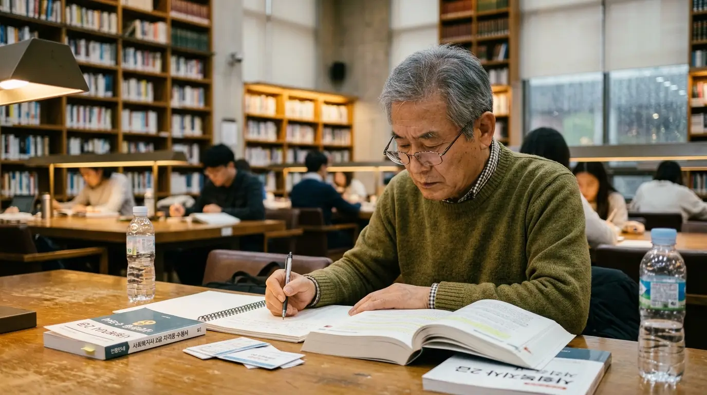 도서관 책상에서 사회복지사 시험 준비를 위해 집중해서 공부하는 중년 남성, 주위에는 책과 물병, 다양한 연령층 사람들이 함께 공부하고 있음