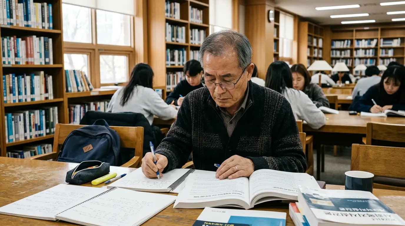 대학교 도서관에서 다양한 연령대의 남녀 학생들이 책상에 앉아 집중하여 공부하고 있으며, 책과 필기도구가 정돈되어 있다.