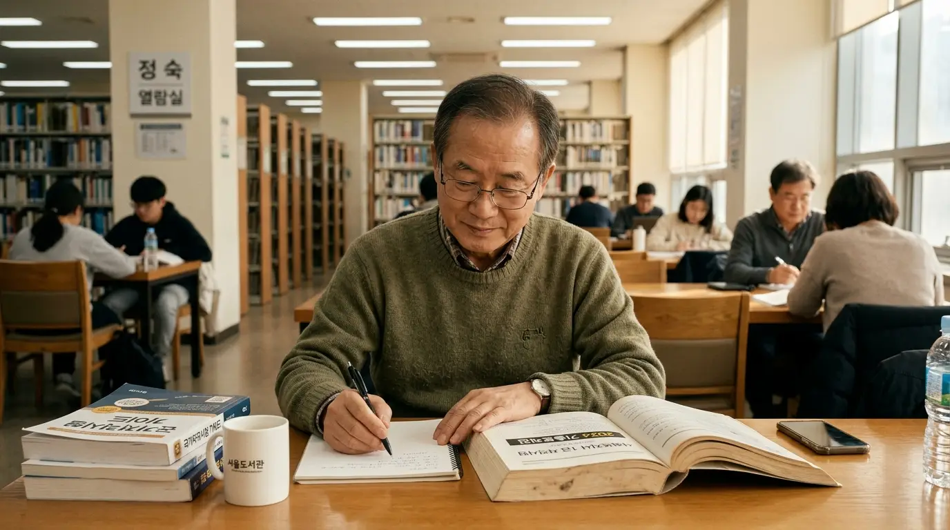 도서관 열람실에서 나이 든 남성이 책과 노트로 공부하며 집중하는 모습, 주변에 다른 이용자들도 학습에 몰두하는 분위기.