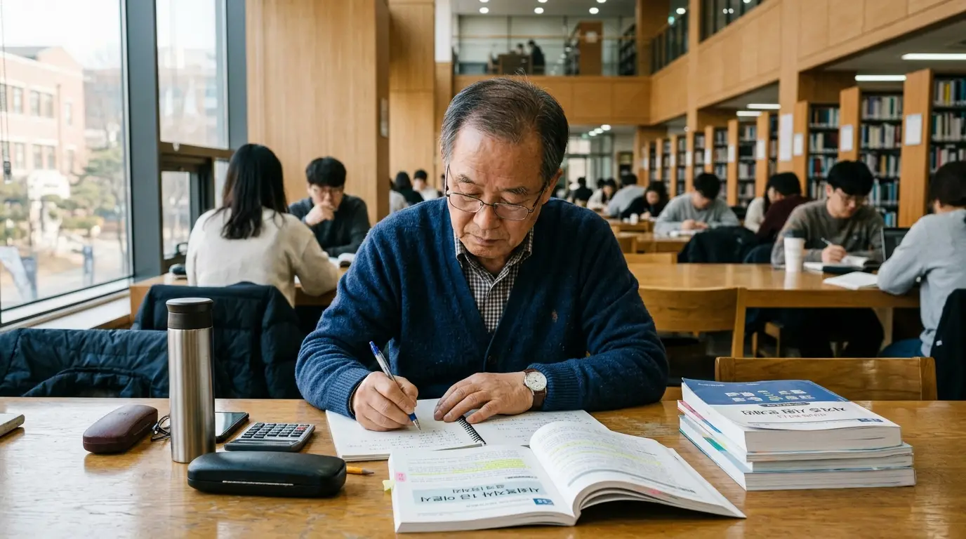 도서관에서 나이든 남성이 교재와 노트로 열심히 공부하며 집중하는 모습, 주변에 다양한 연령층의 사람들이 책상에 앉아 독서와 학습에 몰두