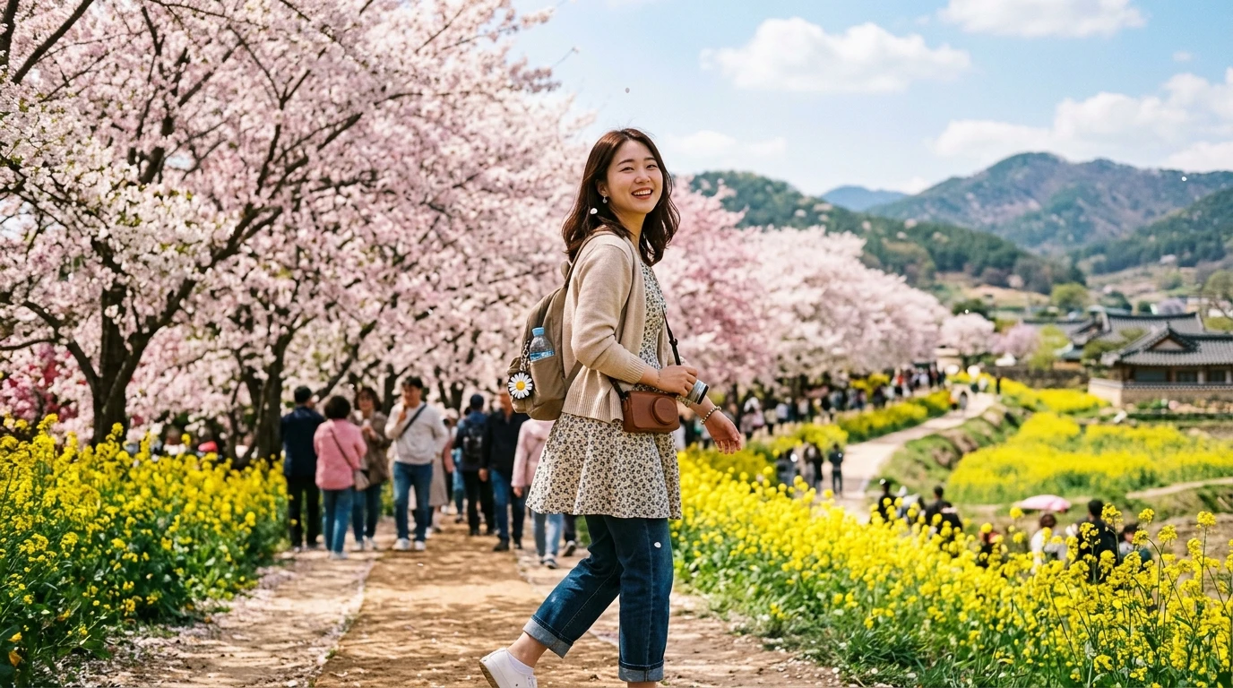 벚꽃이 만개한 봄날, 산책로를 따라 유채꽃과 함께 걷는 젊은 여성의 밝은 미소와 사람들로 붐비는 축제 현장
