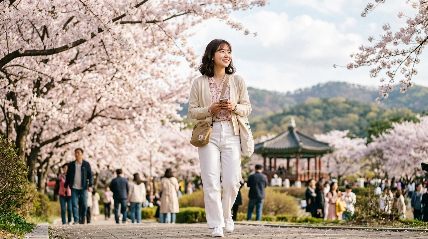 벚꽃이 만개한 공원에서 사람들이 산책을 즐기고 있으며, 한 여성이 환하게 웃으며 벚꽃길을 걷고 있는 풍경이 봄 분위기를 자아낸다.
