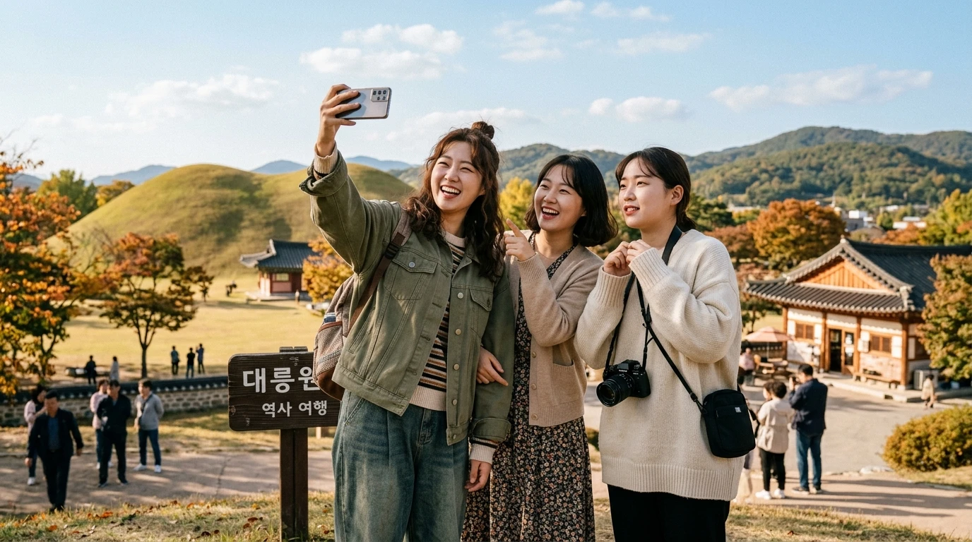 경주 대릉원에서 가을 풍경을 배경으로 세 여성이 즐겁게 셀카를 찍으며 역사 여행을 만끽하는 모습.