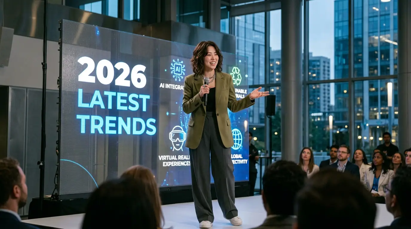 최신 트렌드 컨퍼런스에서 연사가 마이크를 들고 2026년 인공지능, 가상현실, 글로벌 연결성 등을 주제로 청중에게 발표하는 비즈니스 프레젠테이션 장면