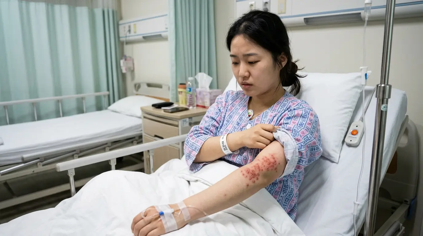 병원 병실 침대에 누워 팔에 피부 질환 증상을 보이며 고민하는 환자, 치료를 받으며 걱정스러운 표정을 짓고 있음.