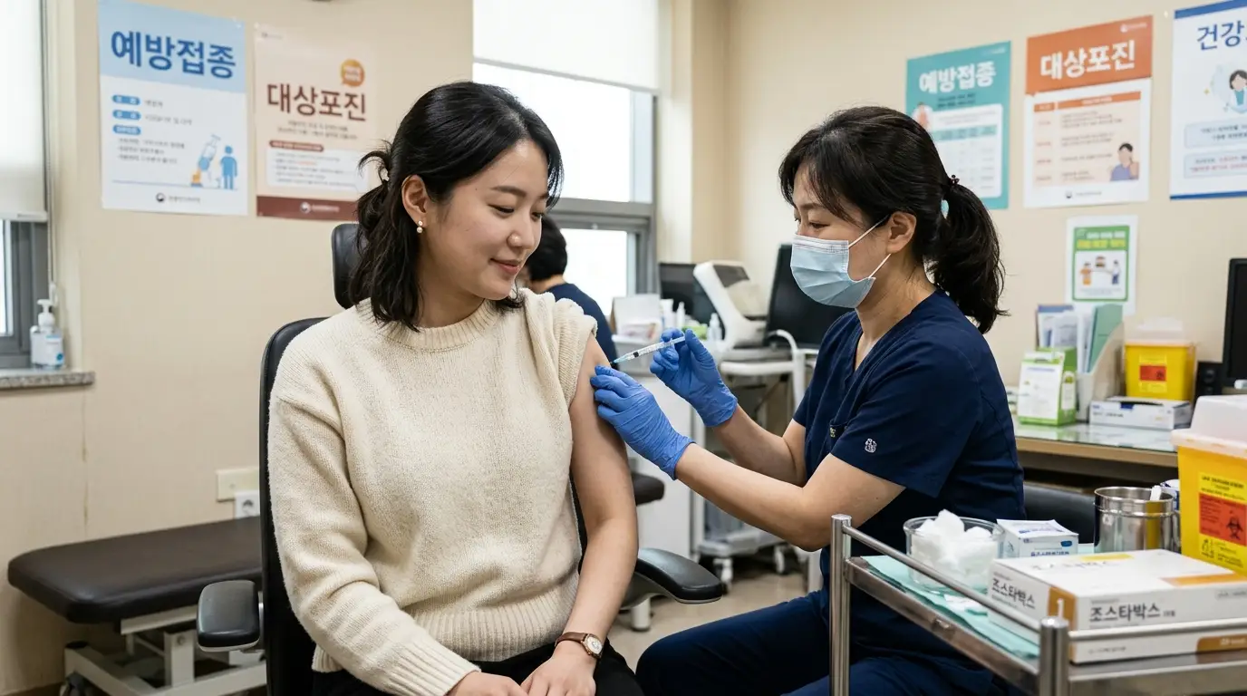 백신, 예방접종, 병원, 의료진, 마스크라는 키워드 활용하여 간호사가 보호장구를 착용한 채 여성에게 예방접종을 실시하는 장면이 밝은 병원에서 연출됨.