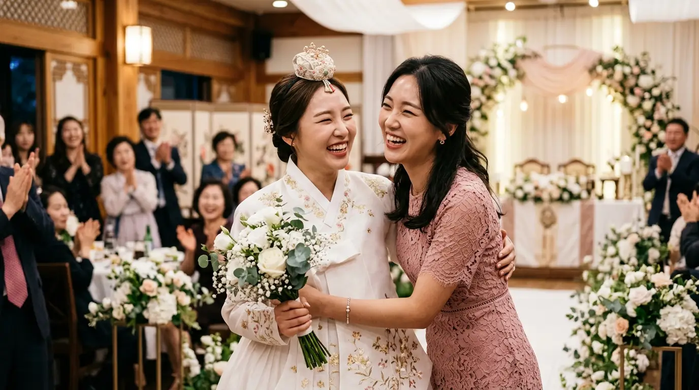 한복을 입은 신부가 연회장 꽃장식 앞에서 부케를 들고 친구와 함께 환하게 웃으며 축복받는 즐거운 결혼식 장면