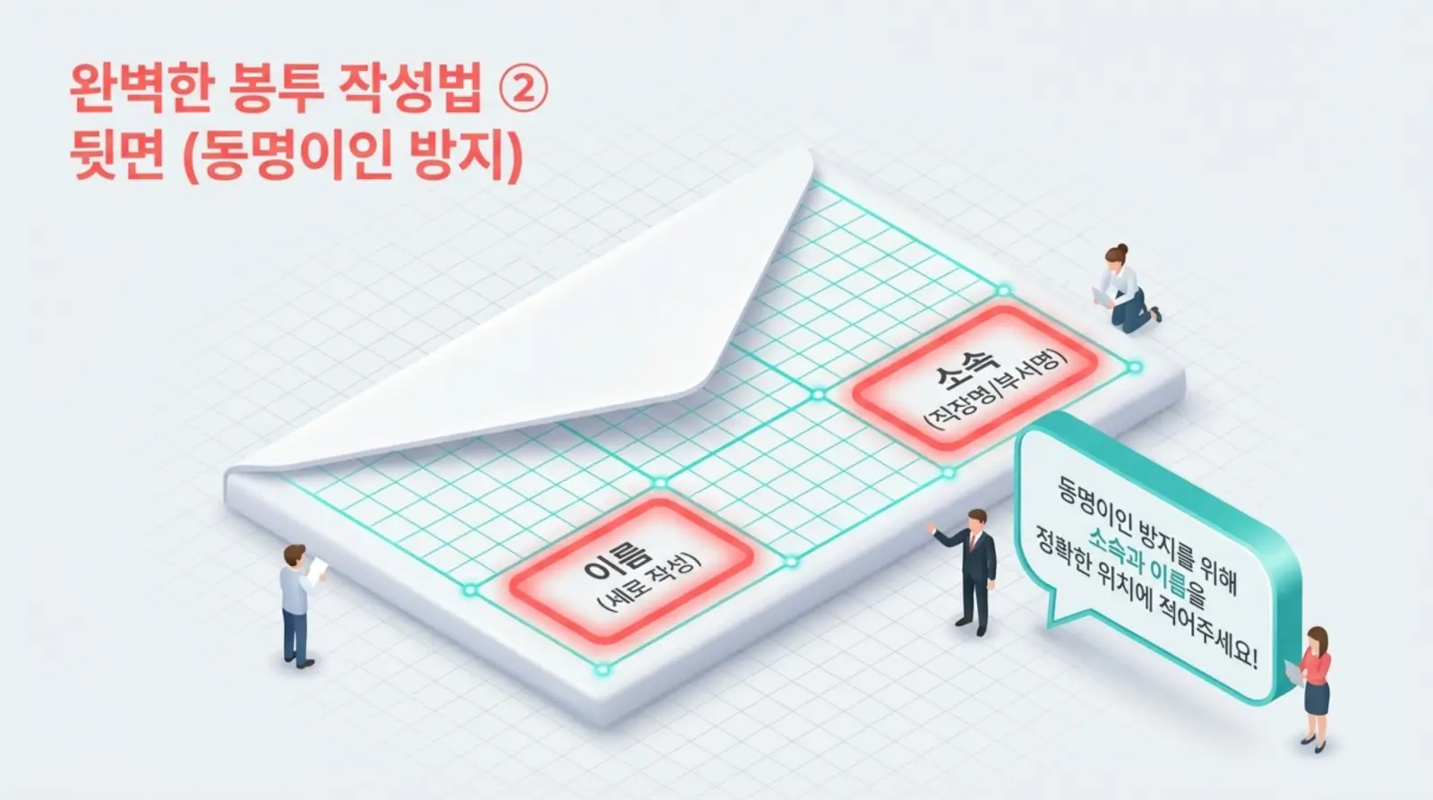 봉투 뒷면에 동명이인 방지를 위한 소속, 이름 기재법을 설명하며 인물이 설명문을 읽는 장면, 서류 절차, 행정 키워드 포함