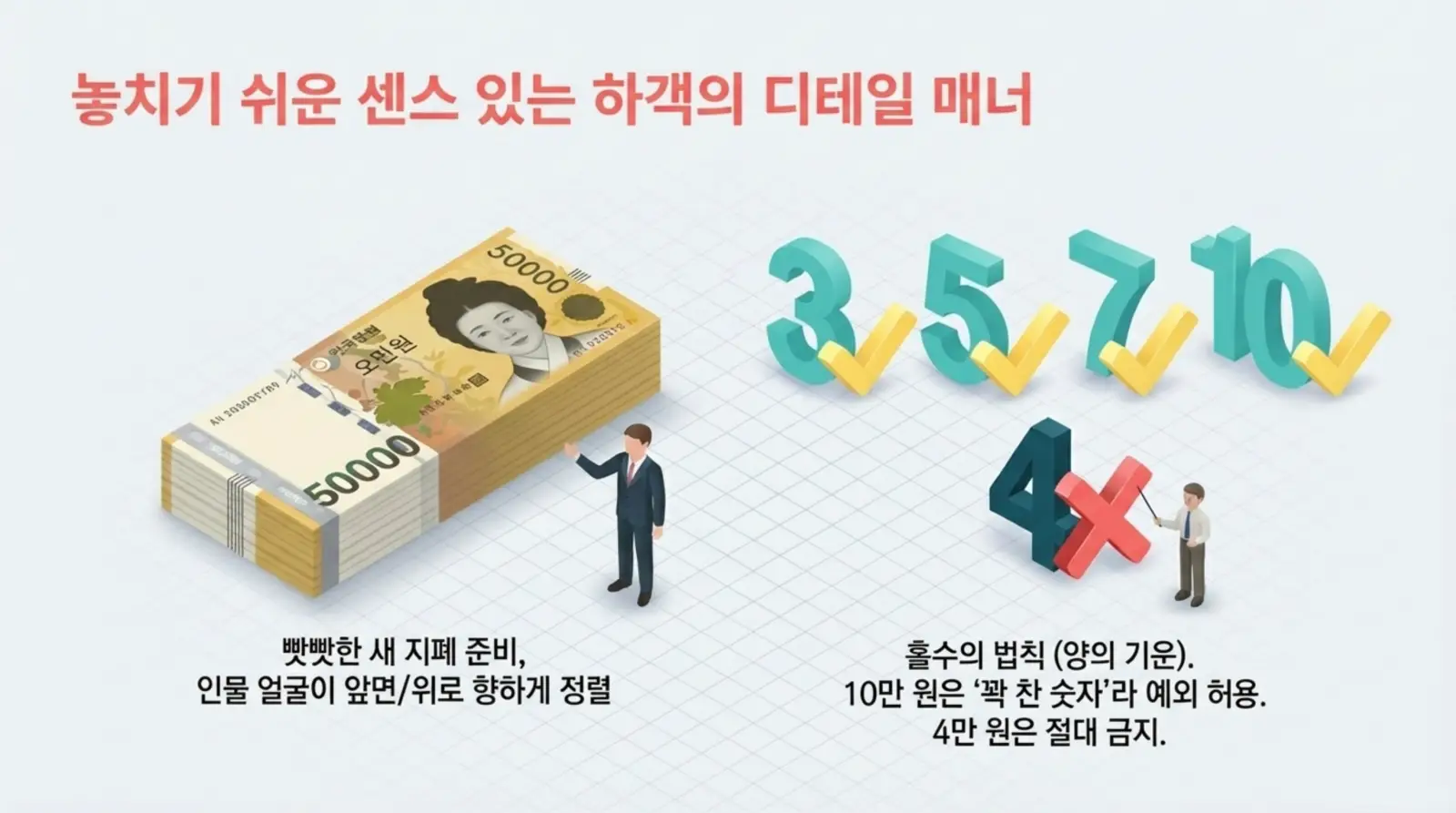 5만원권 지폐 다발, 정장 입은 남성, 3·5·7·10 숫자 체크, 4 숫자 금지, 하객 경조사비 매너와 법칙 강조