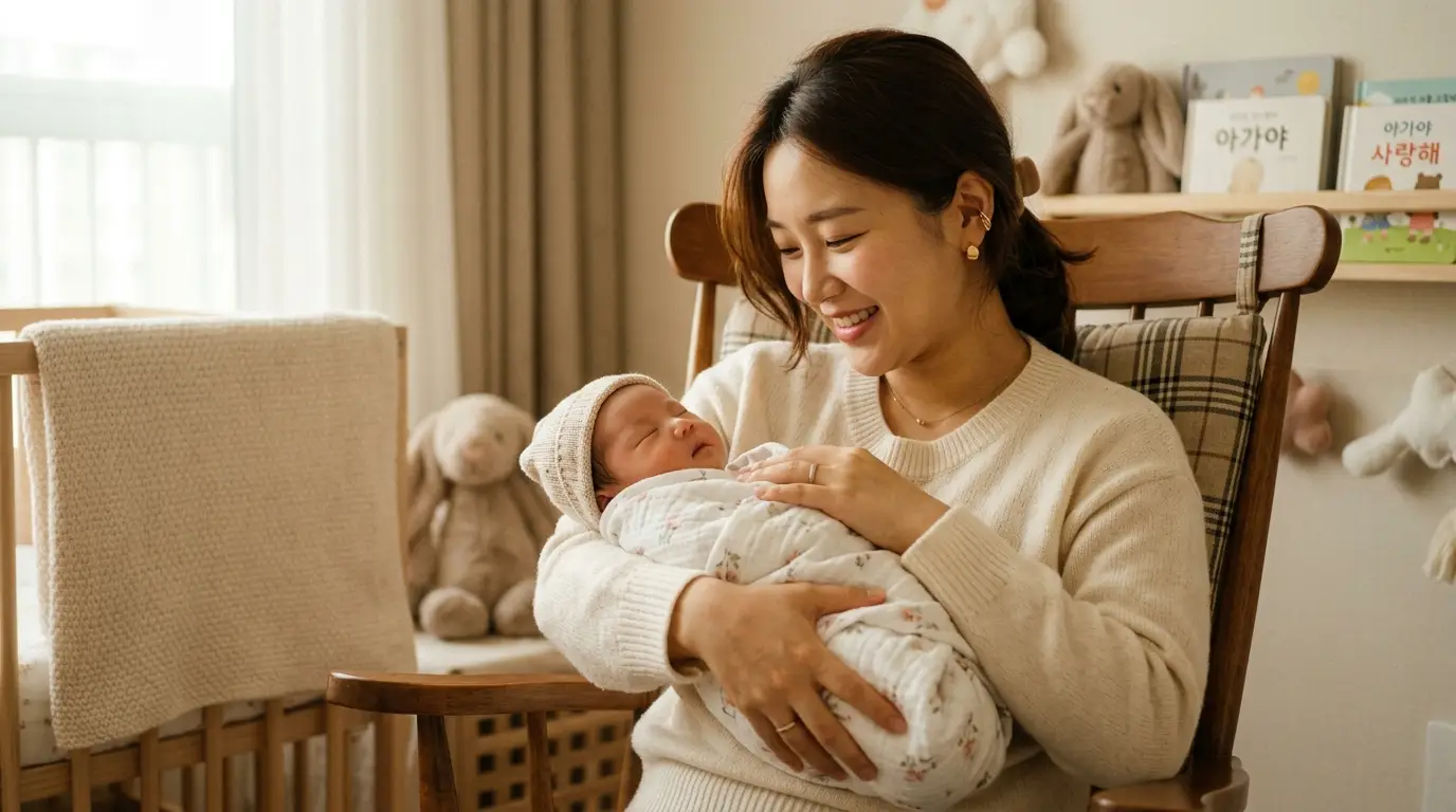 엄마가 포근한 아기방에서 신생아를 따뜻하게 품에 안고 미소짓는 모습, 육아, 모성애, 신생아, 가족 사랑 키워드 최적화