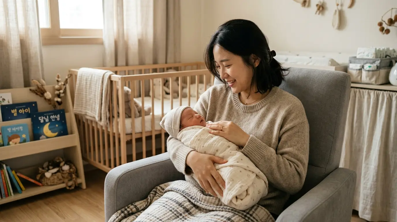 엄마가 포근한 아기방에서 신생아를 소중하게 안고 따뜻하게 미소 짓는 장면, 사랑과 육아, 행복한 가족 분위기 강조