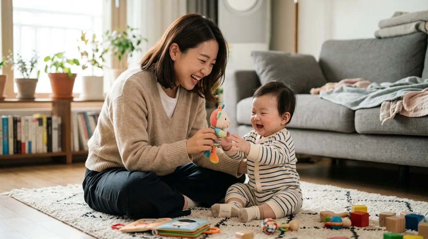 엄마와 아기가 거실에서 장난감을 가지고 웃으며 놀이하며 행복한 시간을 보내는 따뜻하고 아늑한 가정의 모습