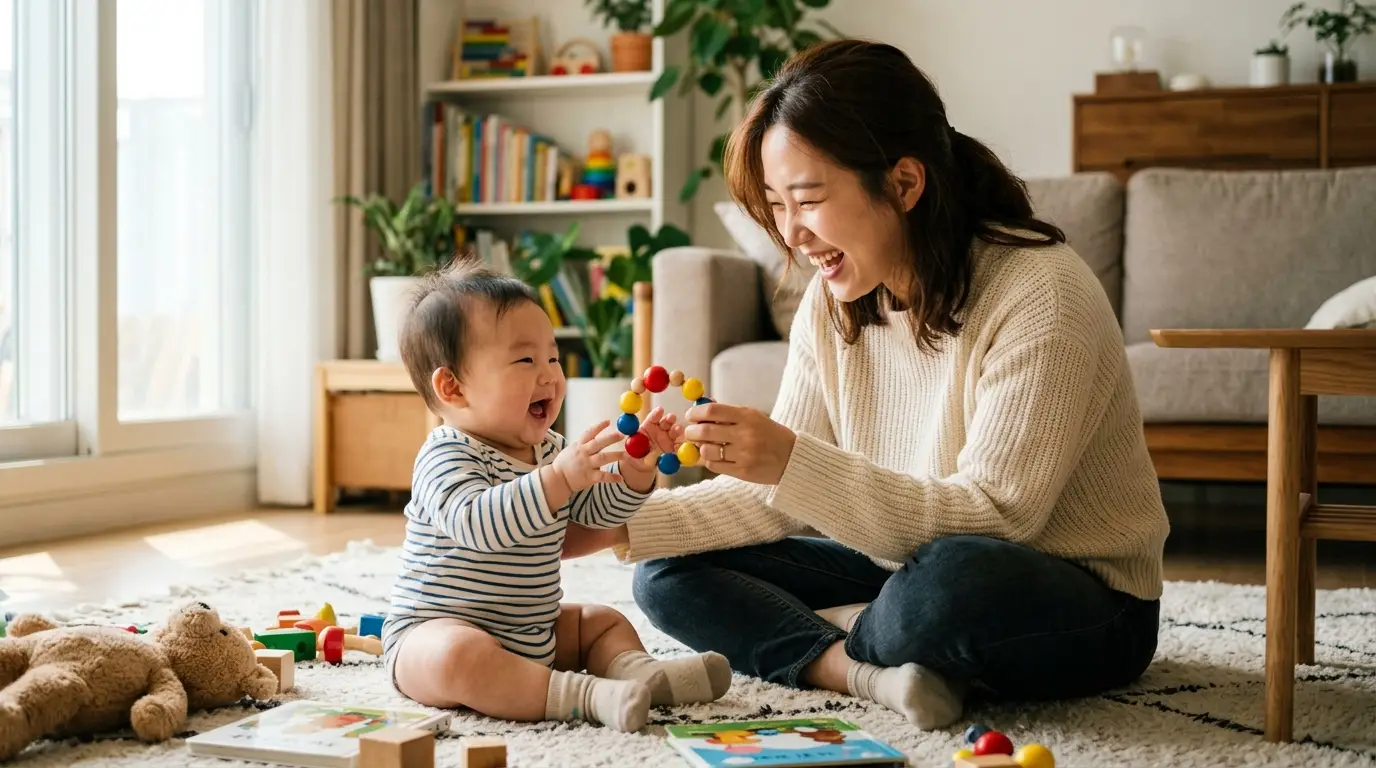 엄마와 아기가 밝은 거실에서 장난감을 가지고 웃으며 놀이를 즐기는 행복한 가족의 따뜻한 일상 모습