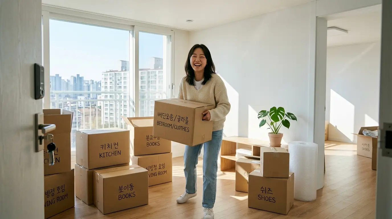 이사하는 여성과 이삿짐 박스가 햇살이 잘 드는 새 아파트 거실에 놓여 있고, 포장된 식물과 도시 풍경이 창밖으로 보인다.