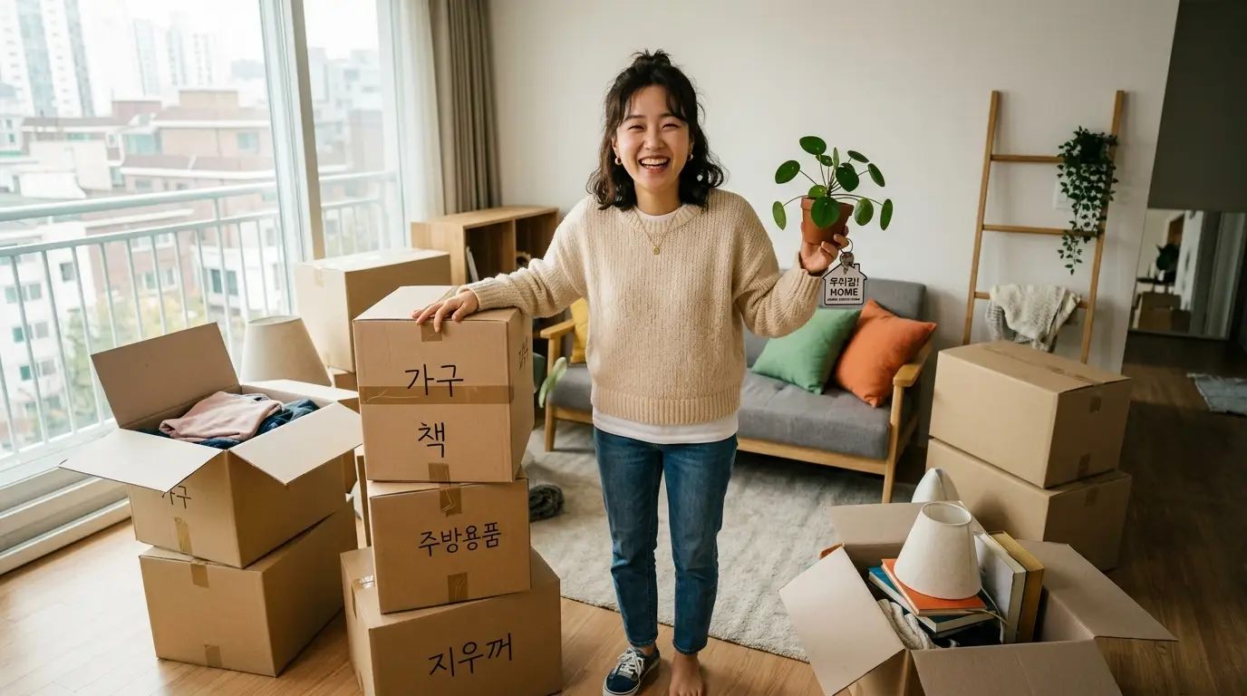 이사 중인 밝은 표정의 여성이 새집에서 화분과 열쇠를 들고 상자들 사이에 서 있으며, 집들이와 새출발의 희망찬 분위기가 느껴진다.
