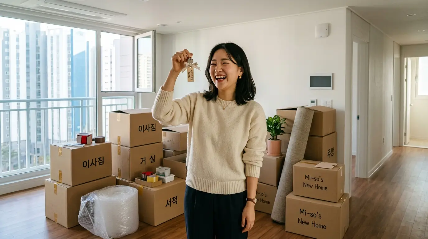 이사 온 여성 입주자, 밝은 미소로 아파트 새 집 열쇠를 들고 서 있으며, 주변에는 이삿짐 상자가 깔끔하게 정리되어 있음.