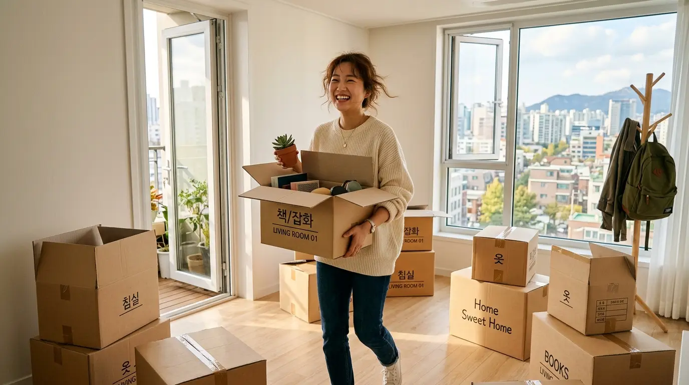 이사하는 젊은 여성이 햇살 가득한 아파트 거실에서 이삿짐 박스를 들고 미소 짓고 있으며, 도시 전망과 정돈된 이사 현장이 보인다.