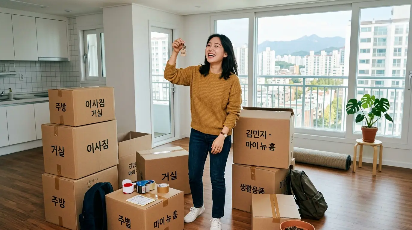 이사 준비 중인 여성이 새 아파트에서 박스와 이삿짐을 정리하며 웃으며 열쇠를 들고 있는 밝고 현대적인 분위기의 거실.