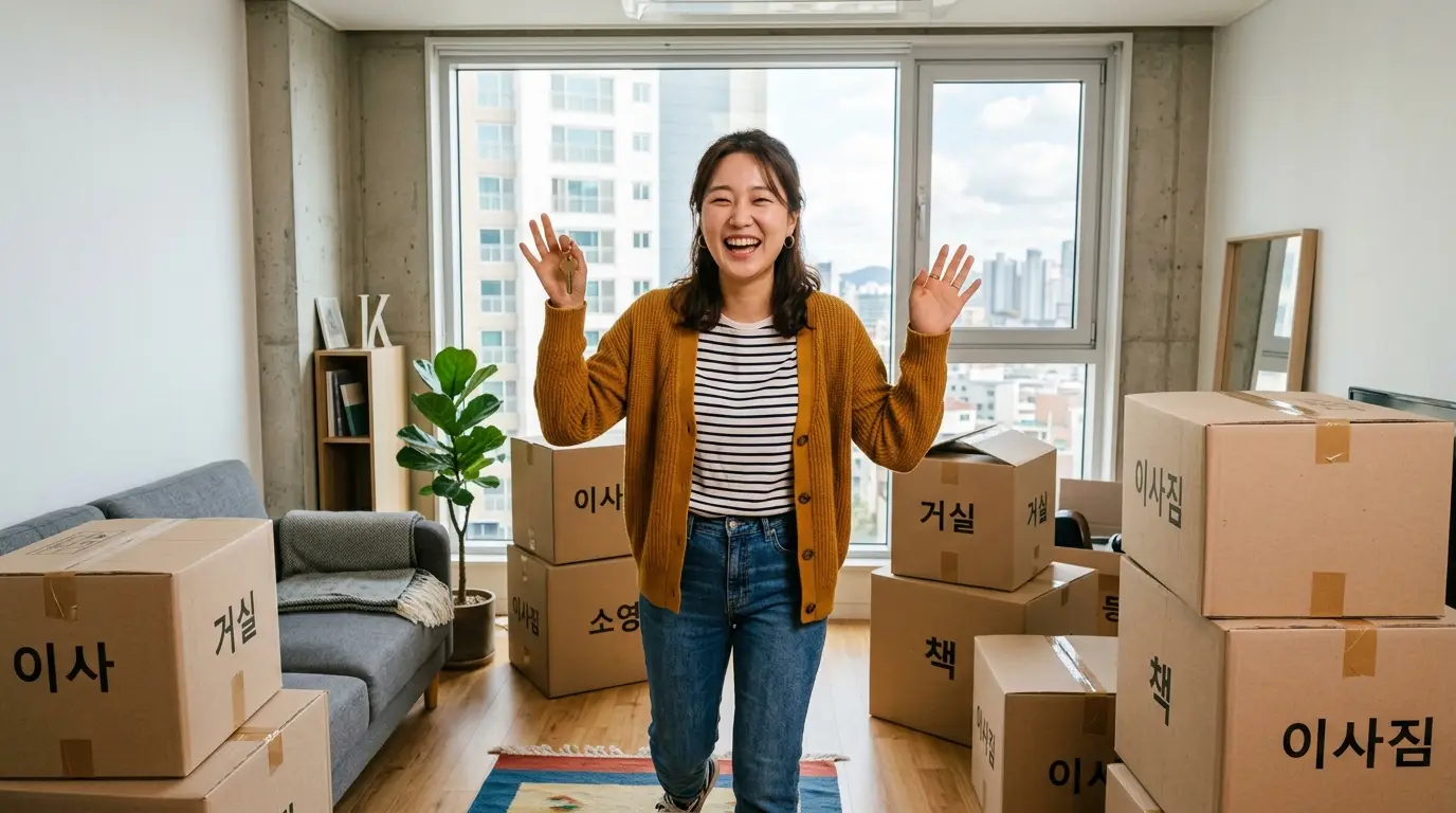 이사짐 박스가 가득한 거실에서 밝게 웃는 여성, 이사, 새집, 행복한 분위기, 도시 아파트 배경이 어우러짐