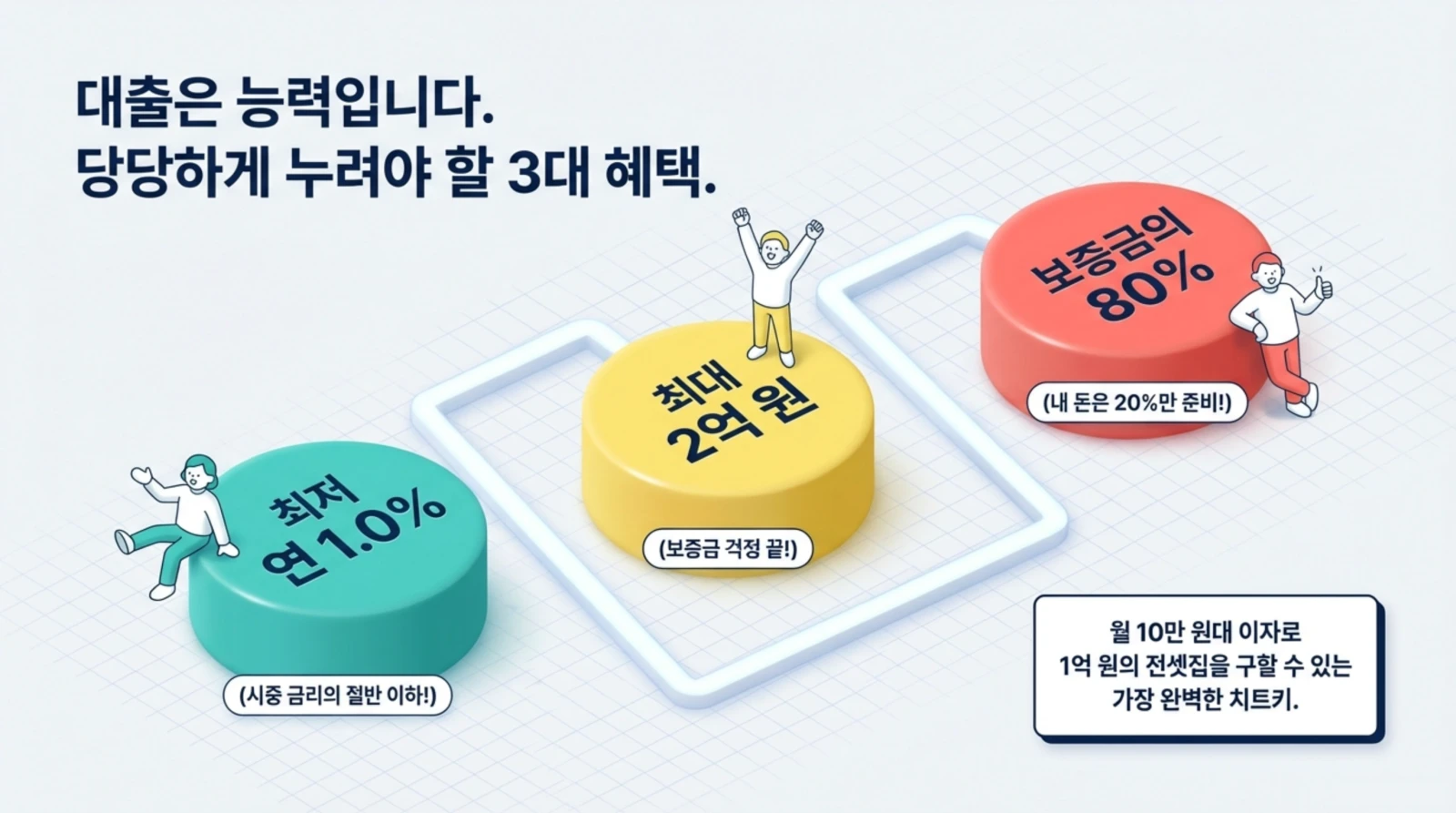 대출 최저 연 1.0%, 최대 2억 원, 보증금 80% 혜택을 강조하며 저금리 대출로 전세자금 마련의 장점을 알기 쉽게 설명한 안내 그래픽.