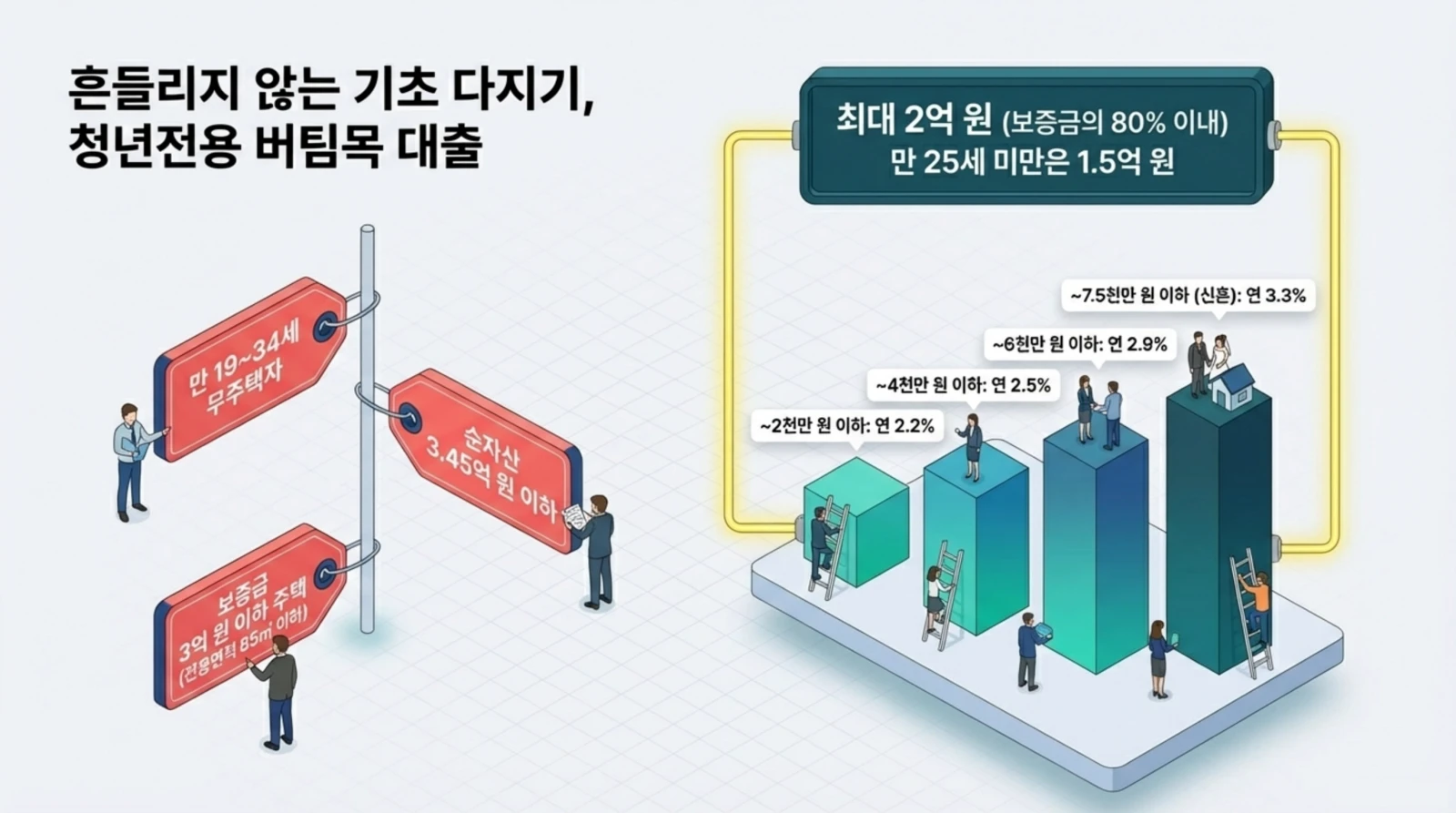 청년전용 버팀목 대출 자격조건, 만 19~34세 무주택자 및 자산 3.45억 이하, 다양한 대출한도 및 금리별 인포그래픽 안내