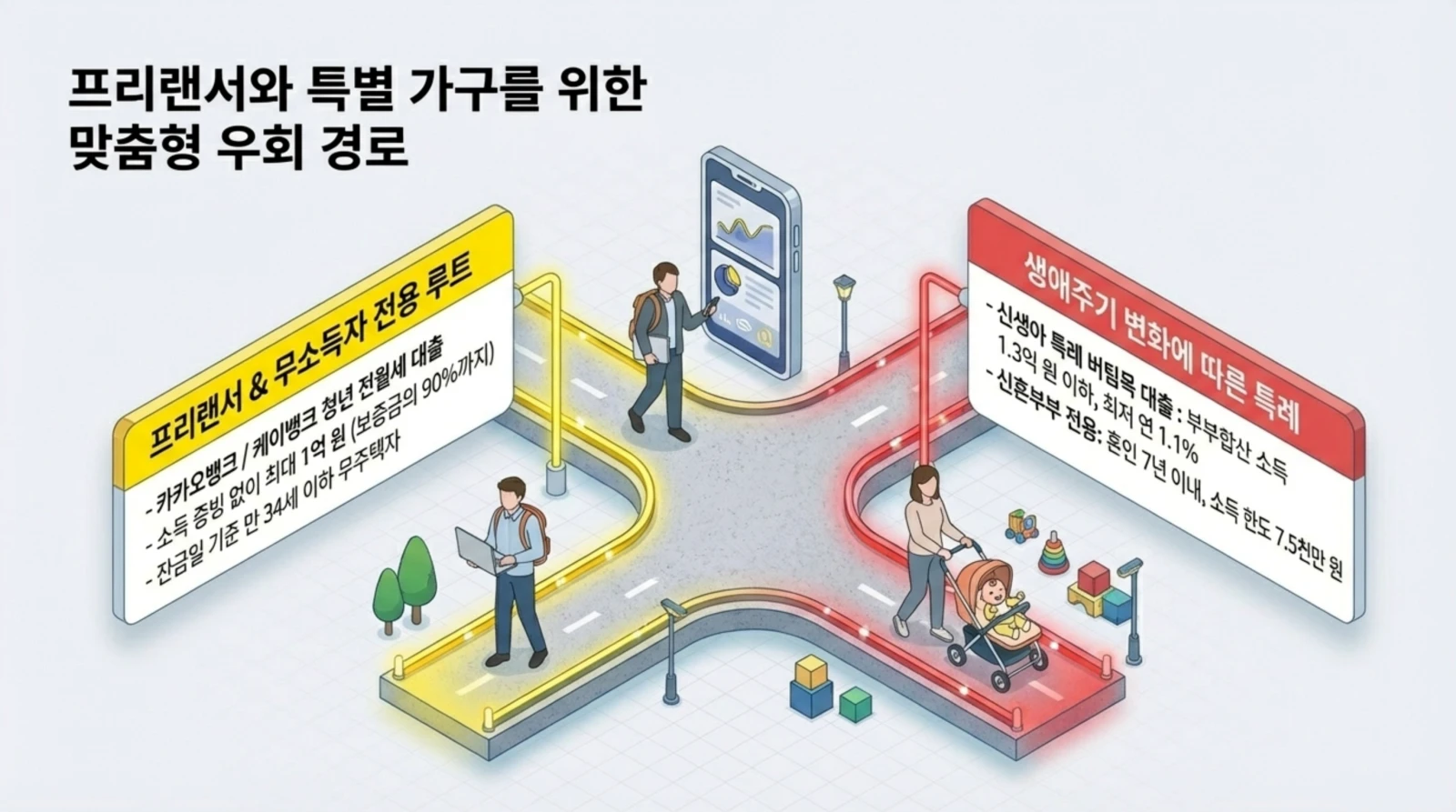 프리랜서, 무소득자, 신혼부부 전용 대출 안내 표지판, 교차로에 다양한 연령대 인물과 육아, 모바일 금융 서비스 활용 모습이 조화롭게 묘사됨.