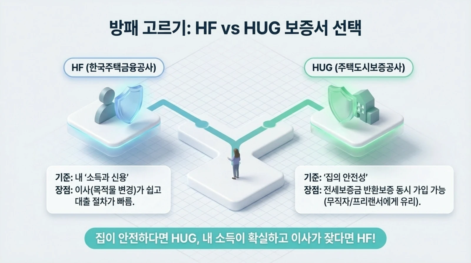 HUG 보증서 비교, 내 소득 신용, 집의 안전성 기준 설명, 금융상품 선택 팁, 전세보증금 대출 절차 장점 안내 인포그래픽