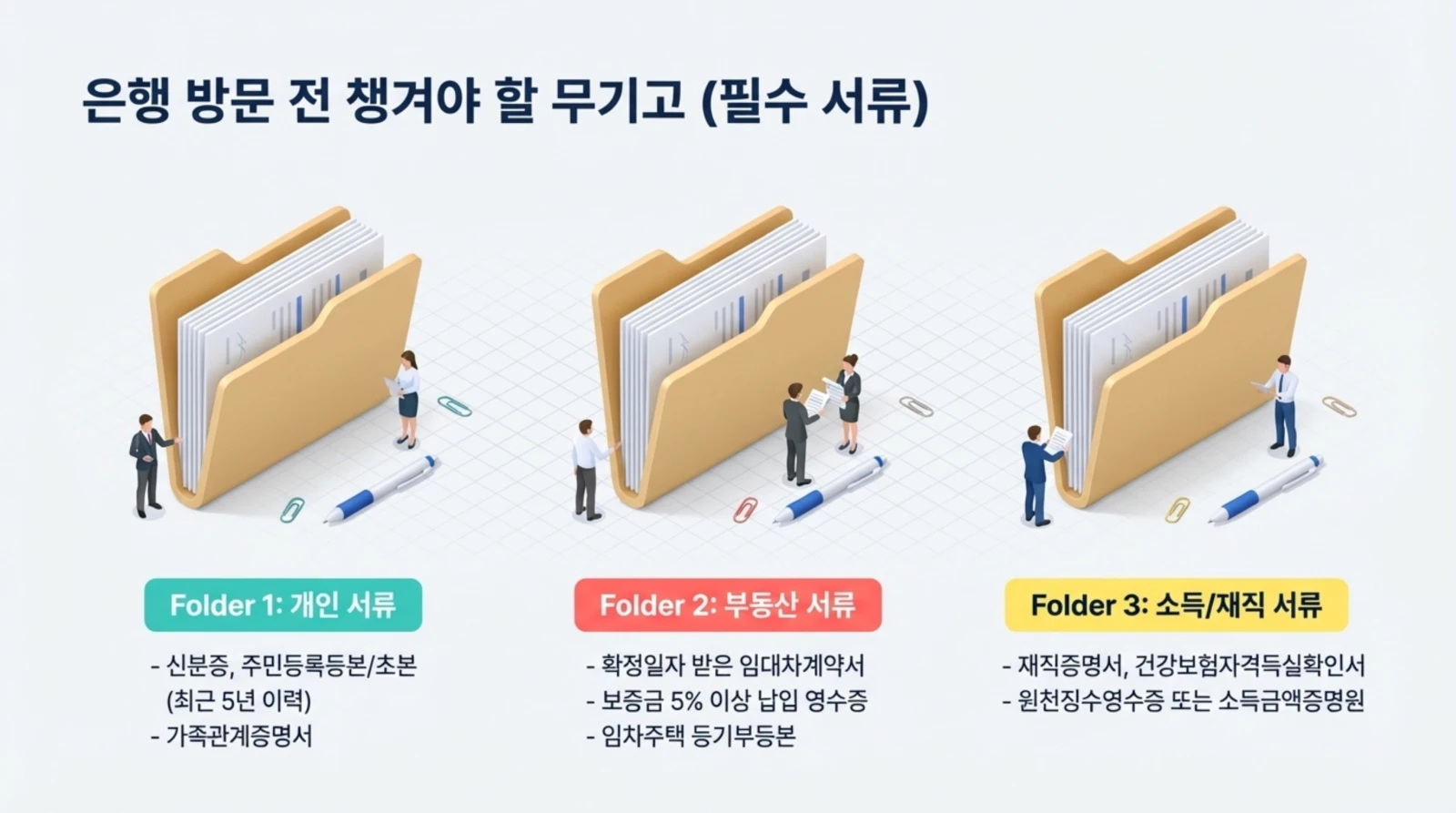 은행 방문 필수 서류, 개인·부동산·소득 관련 서류 폴더와 직장인, 서류 준비 가이드, 서류 제출, 서류 준비 꿀팁을 안내하는 인포그래픽