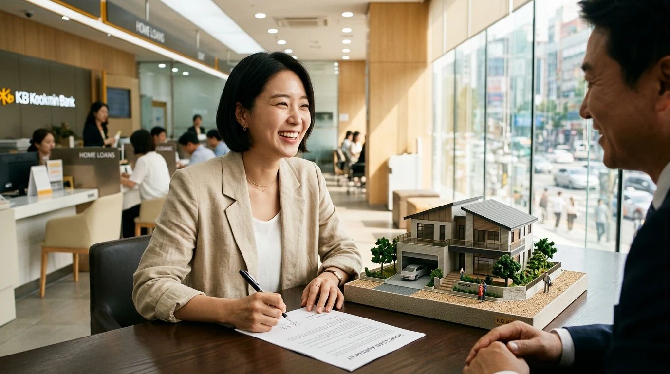 주요 키워드: 은행, 주택담보대출, 상담, 서류작성, 고객 밝은 은행 창구에서 고객이 주택담보대출 상담 중 미소를 지으며 서류에 서명하고, 테이블 위에는 주택 모형이 놓여 있다.