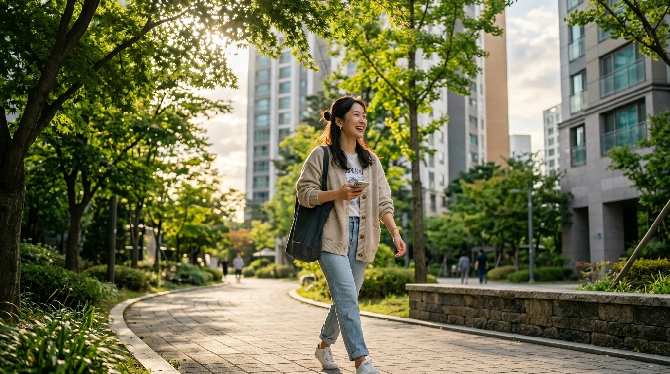 공원 산책로를 따라 걸으며 미소 짓는 젊은 여성, 초록 나무와 아파트 배경, 여유로운 도심 라이프스타일 분위기 연출