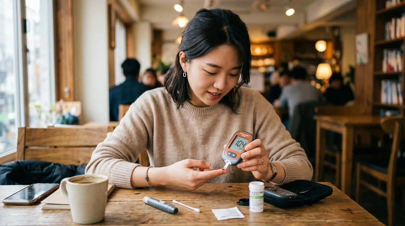 카페에서 젊은 여성이 혈당 측정기와 채혈기기를 사용해 혈당을 체크하며 건강관리하는 모습, 따뜻한 분위기의 실내와 자연광이 비치는 장면