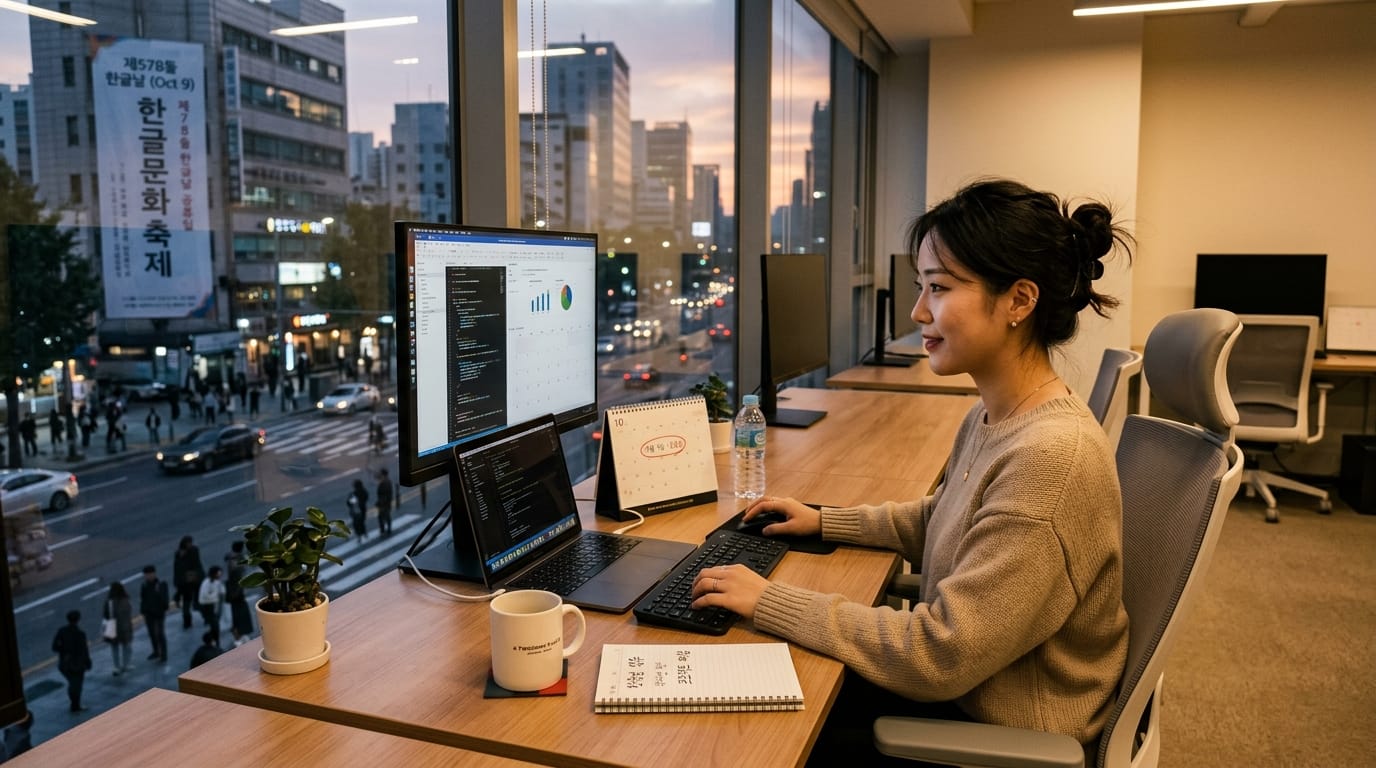 사무실에서 컴퓨터 작업을 하는 여성, 두 대의 모니터에 데이터 분석 그래프와 코드가 표시됨. 창 밖으로 도심의 거리와 저녁 풍경이 보임. 책상 위에는 노트와 커피 컵이 놓여 있음.