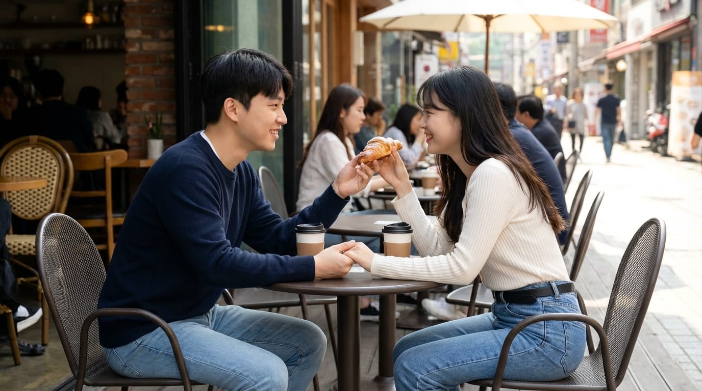 커피숍에서 서로의 손을 잡고 있는 젊은 커플이 크루아상을 나누며 즐거운 시간을 보내고 있는 모습. 배경에는 사람들로 붐비는 거리와 카페 테이블이 보인다.