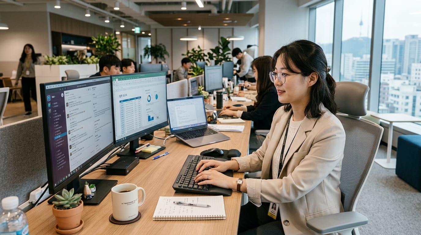 현대적인 사무실에서 컴퓨터로 작업하는 여성 직원의 모습. 두 개의 모니터에서 데이터 분석 및 소통 프로그램을 사용하고 있으며, 주변에는 다른 직원들이 일하고 있는 모습이 보인다. 창 밖으로 도시 경관이 펼쳐져 있다.