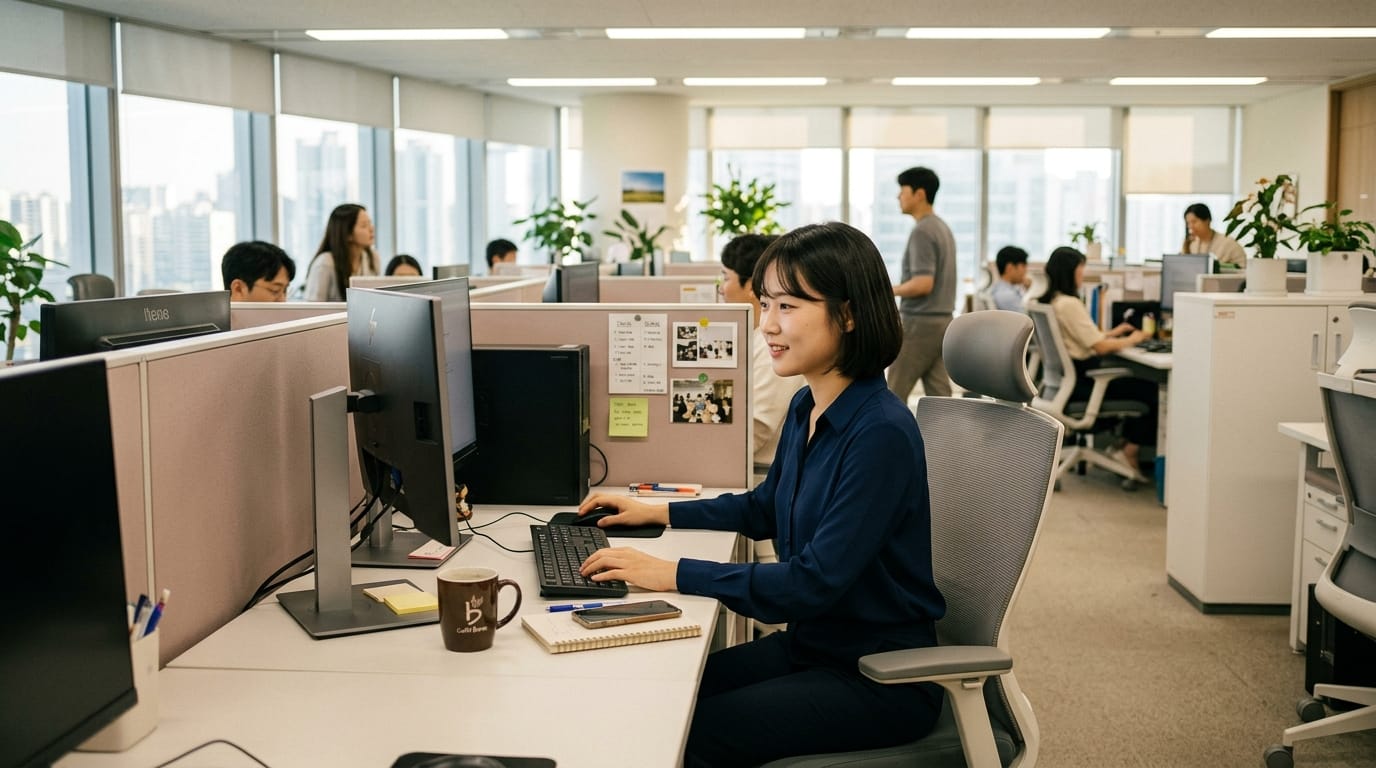 사무실에서 컴퓨터로 작업하는 여성 직원의 모습. 주변에는 여러 명의 동료들이 함께 일하고 있으며, 식물과 사무용 가구가 배치된 현대적인 환경을 보여줌.