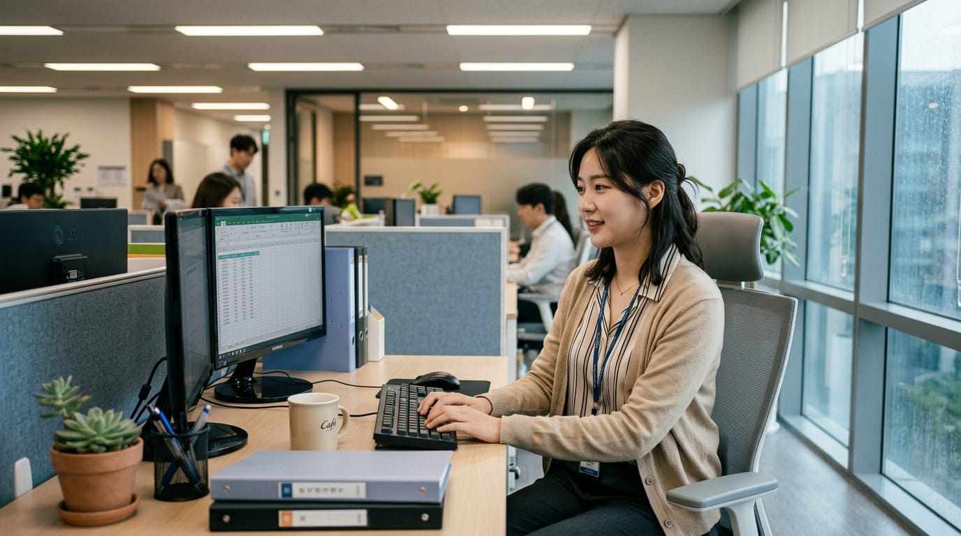 사무실에서 컴퓨터 작업을 하는 여성 직원의 모습. 모니터에는 엑셀 스프레드시트가 표시되어 있으며, 주변에는 다른 직원들과 식물이 있는 현대적인 사무 환경.